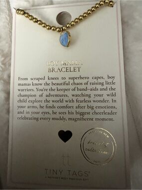 Tiny Tags Boy Mama Bracelet Gold Beaded with Light Blue Heart Charm